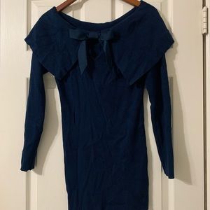 Peacock Blue Off Shoulder ribbed sweater with keyhole back and bow detail